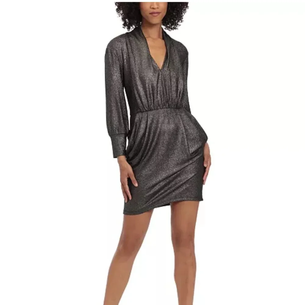 Donna Morgan Bodycon Dress Womens 6 Gold Metallic Shimmer Cocktail Party Evening - Picture 3 of 12